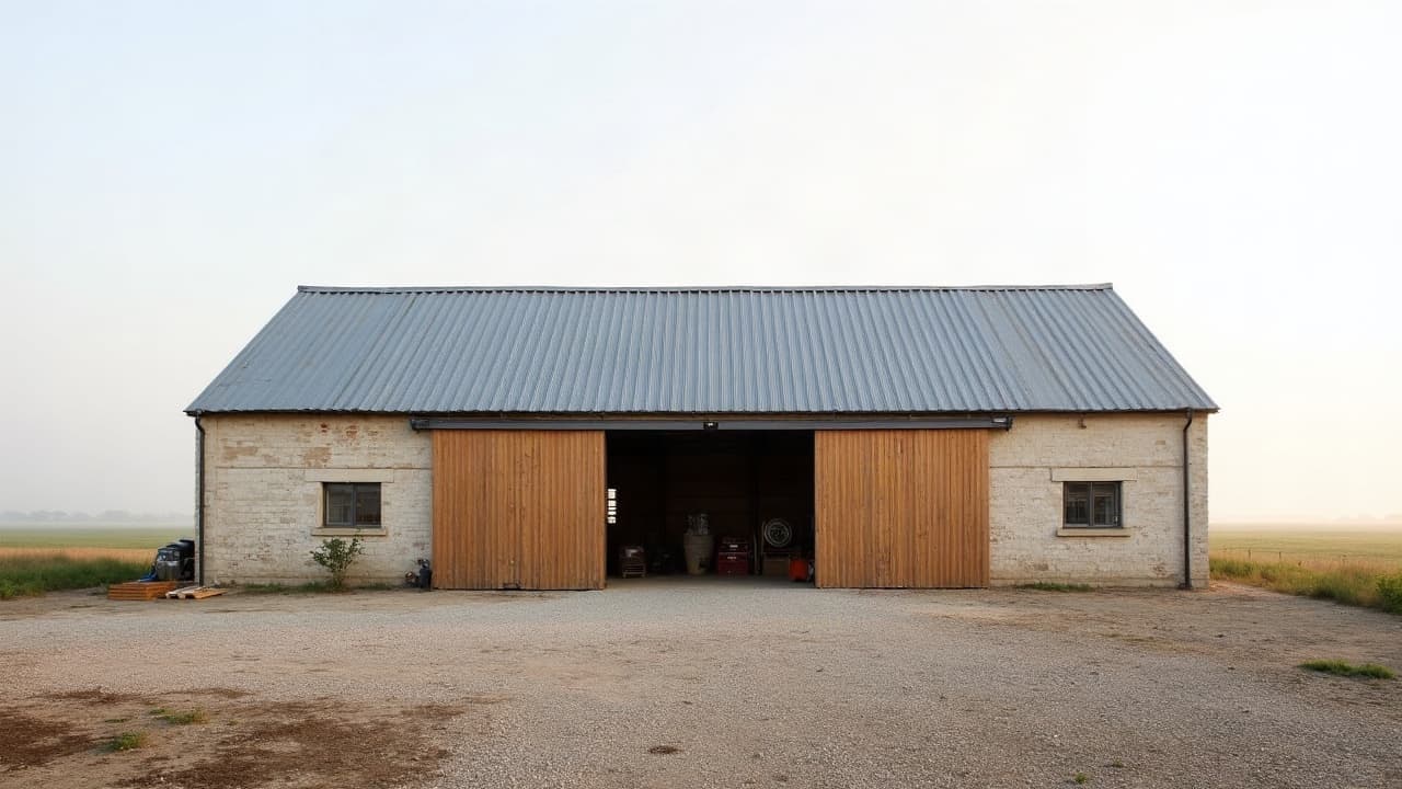 Hangar agricole avec toiture neuve en bac acier posée après désamiantage, ciel de plaine dégagé, aucune personne visible