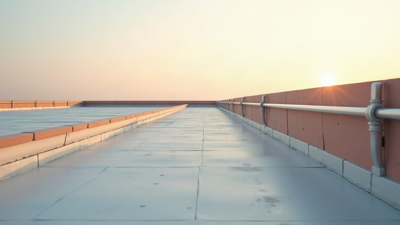 Garde-corps métallique sécurisant le rebord d'une toiture en pente avant travaux, aucune personne visible