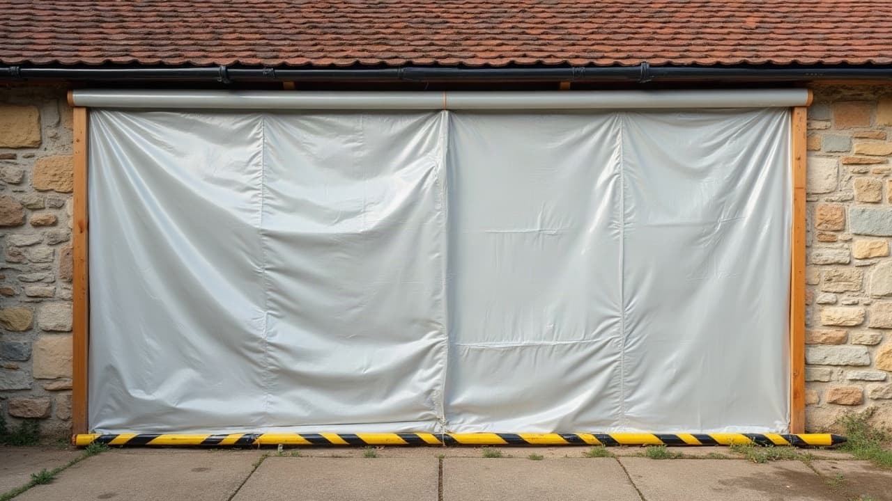 Sas de confinement en polyane tendu à l'entrée d'un bâtiment en cours de désamiantage, aucune personne visible