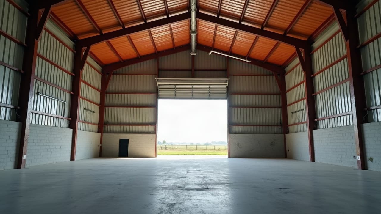 Hangar agricole vide et propre après désamiantage complet du bâtiment, toiture neuve posée, aucune personne visible