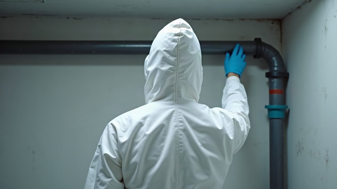 Opérateur en combinaison blanche et masque de protection retirant un tronçon de calorifuge dans un local technique, une seule main visible