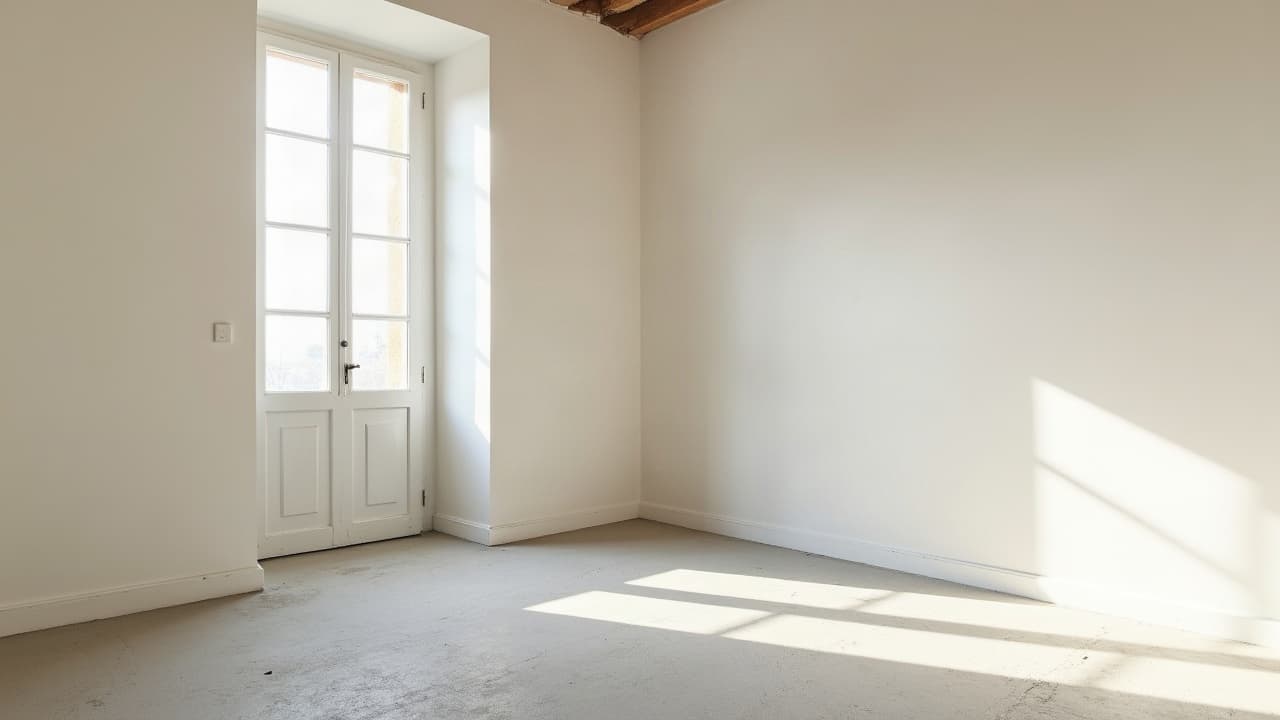 Pièce nue et propre après retrait de sol souple amianté, support prêt à recevoir un nouveau revêtement, aucune personne visible