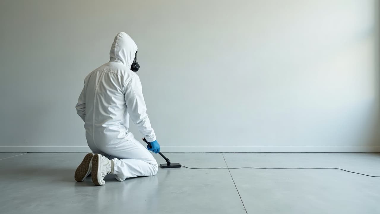 Opérateur en combinaison blanche et masque de protection au sol d'une pièce en cours de désamiantage, une seule main visible