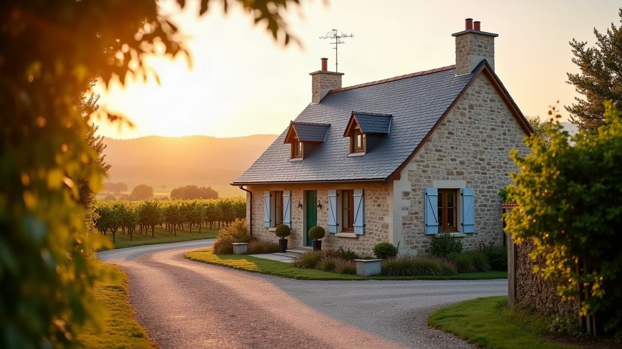 Maison de vigneron en pierre claire avec toiture neuve, coteaux de vignes en arrière-plan flou, lumière dorée de fin de journée, aucune personne visible