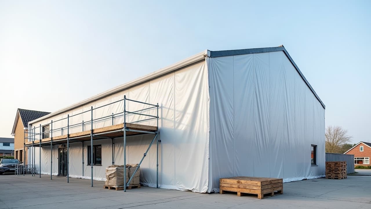 Bâtiment entièrement enveloppé d'une bâche de confinement avec échafaudage et big bags au sol, lumière claire de journée, aucune personne visible