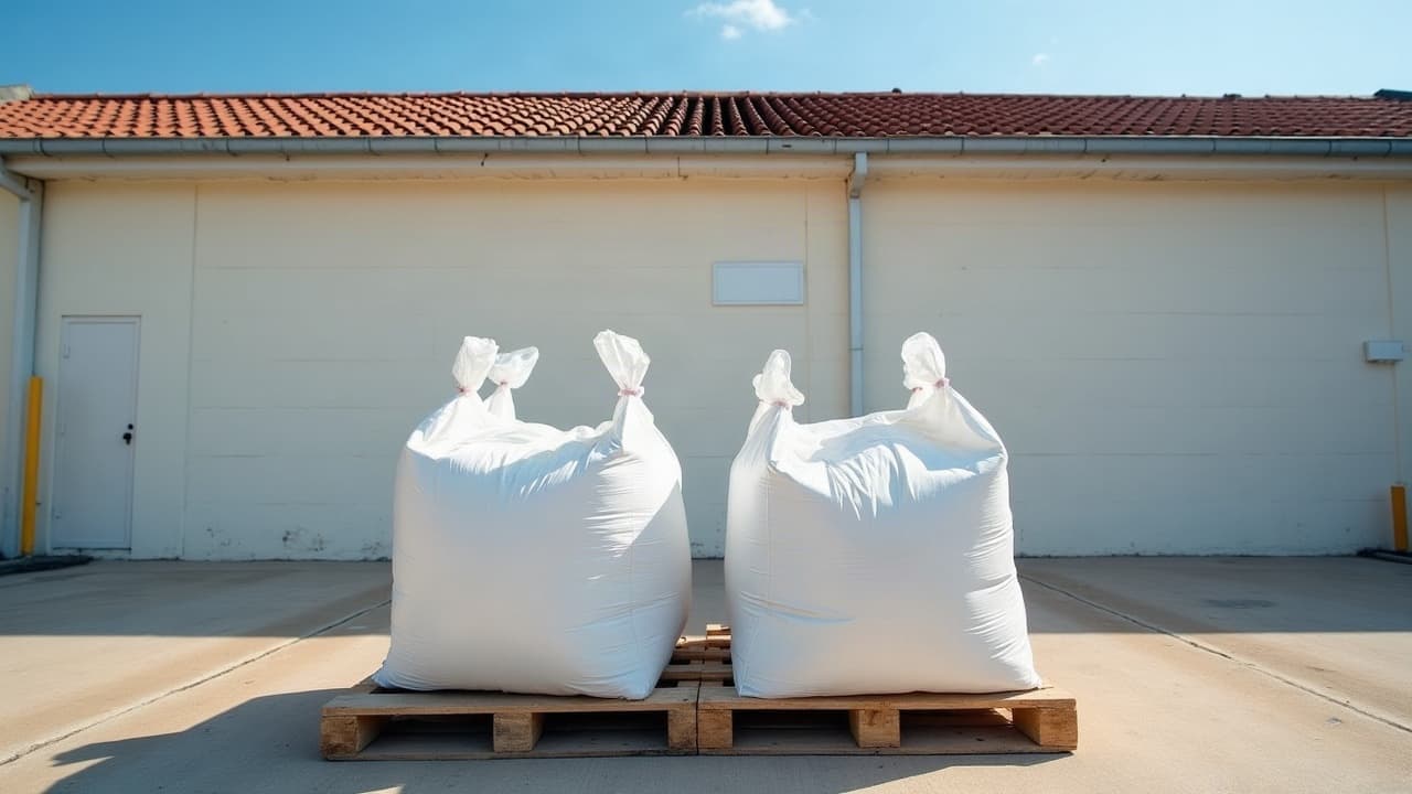 Big bags filmés sur palette devant un bâtiment de zone d'activités récente, aucune personne visible