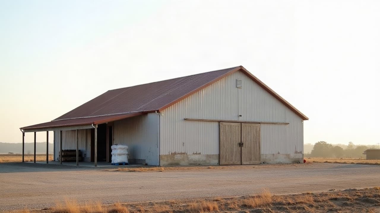 Bâtiment technique agricole avec toiture neuve en bac acier près d'une exploitation viticole, aucune personne visible