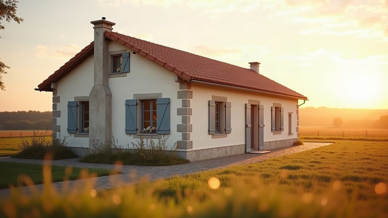 Longère rénovée à toiture de tuiles neuve en fond de vallée, aucune personne visible