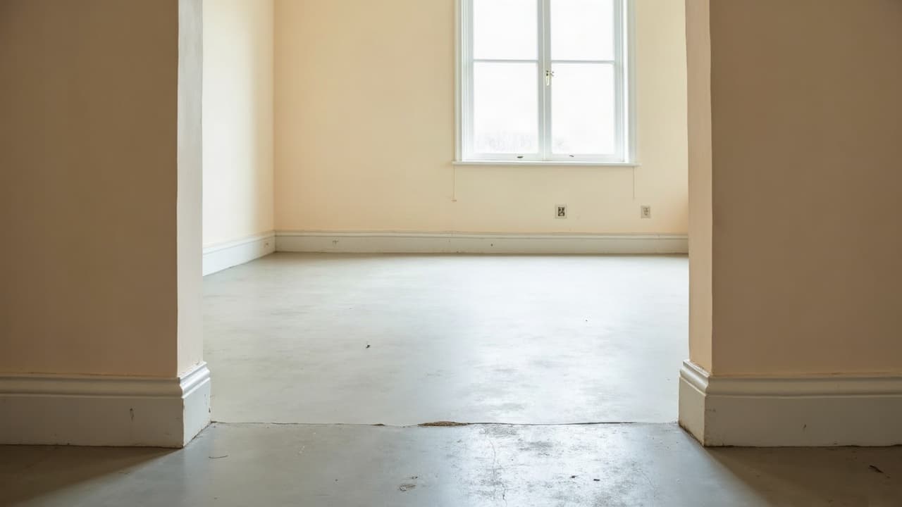 Pièce d'immeuble au sol nu après retrait d'un revêtement ancien, murs clairs, aucune personne visible