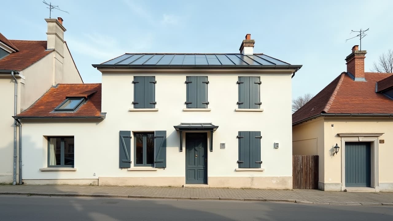 Petit immeuble de bourg à façade claire rénovée en fond de plaine, ciel dégagé de milieu de journée, aucune personne visible