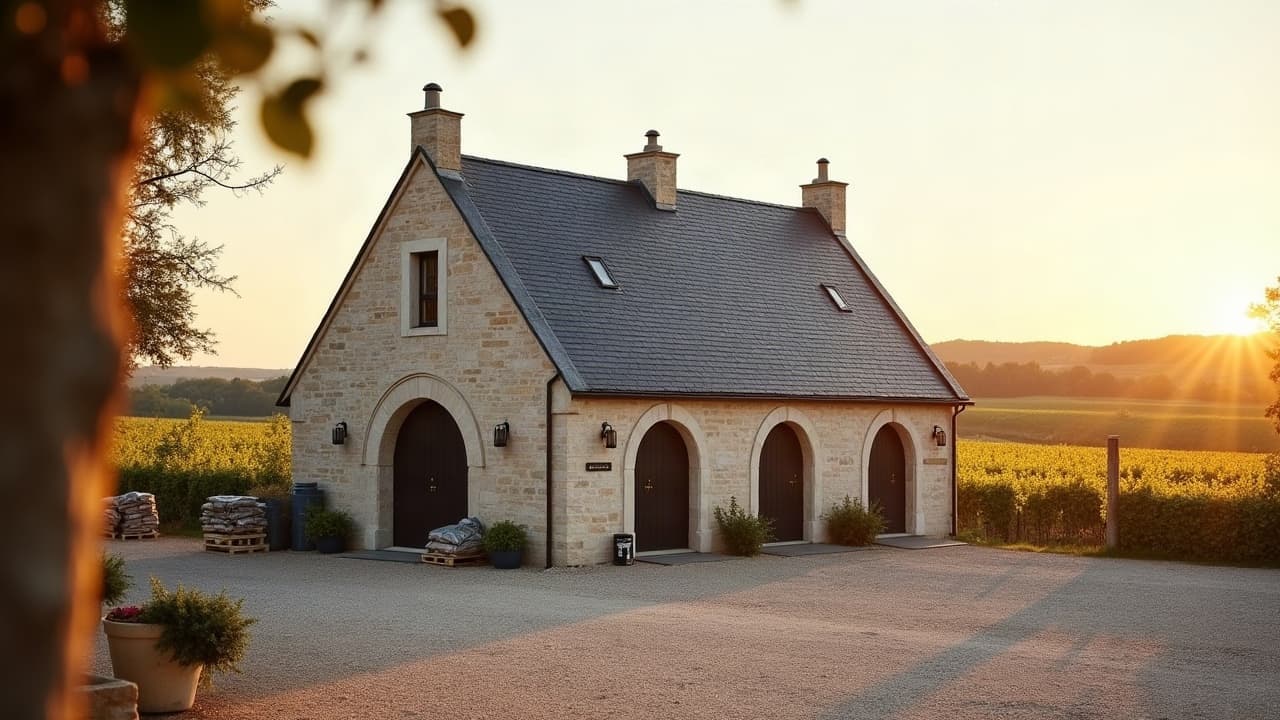 Bâtiment viticole en pierre claire avec toiture neuve, rangs de vigne en arrière-plan flou sur un coteau, lumière de fin de journée, aucune personne visible
