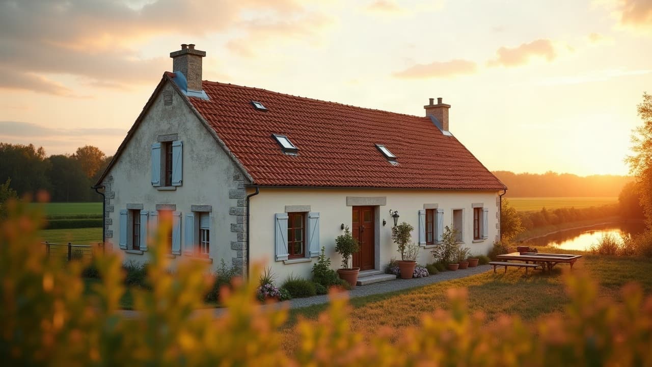 Longère rénovée en fond de vallée avec toiture de tuiles neuve, lumière dorée de fin de journée, aucune personne visible