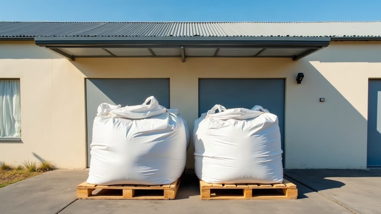 Big bags filmés sur palette devant un petit atelier de zone d'activités, lumière claire de matinée, aucune personne visible