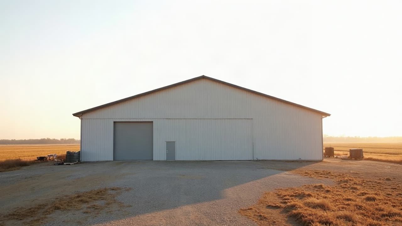 Grand hangar agricole isolé en plaine avec toiture neuve en bac acier, ciel clair de matin, aucune personne visible