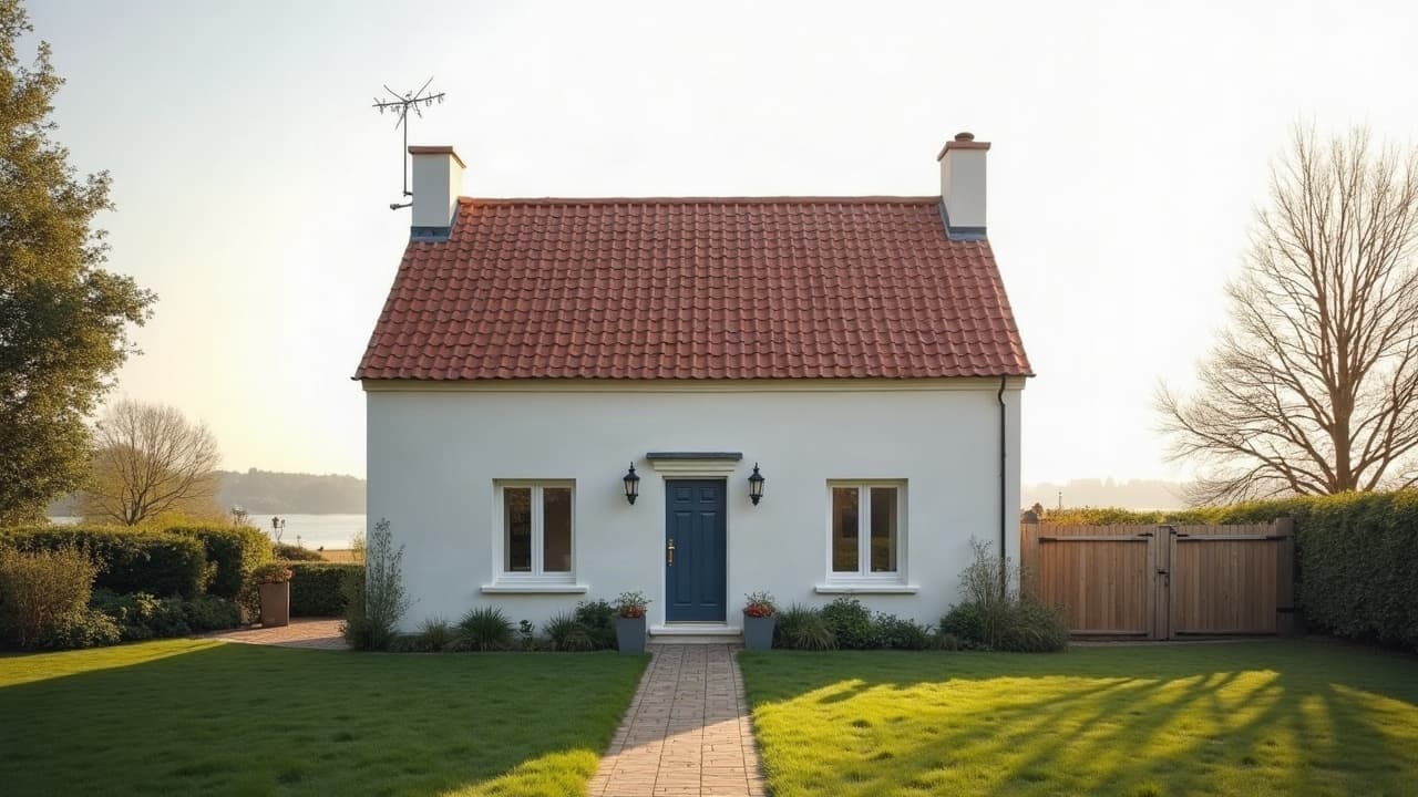 Pavillon enduit clair avec toiture neuve en tuiles dans un village de vallée, lumière claire de matin, aucune personne visible