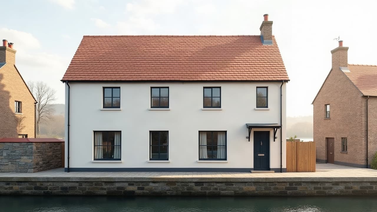 Maison de bourg de vallée à façade claire avec toiture neuve, lumière claire de matin, canal en arrière-plan flou, aucune personne visible
