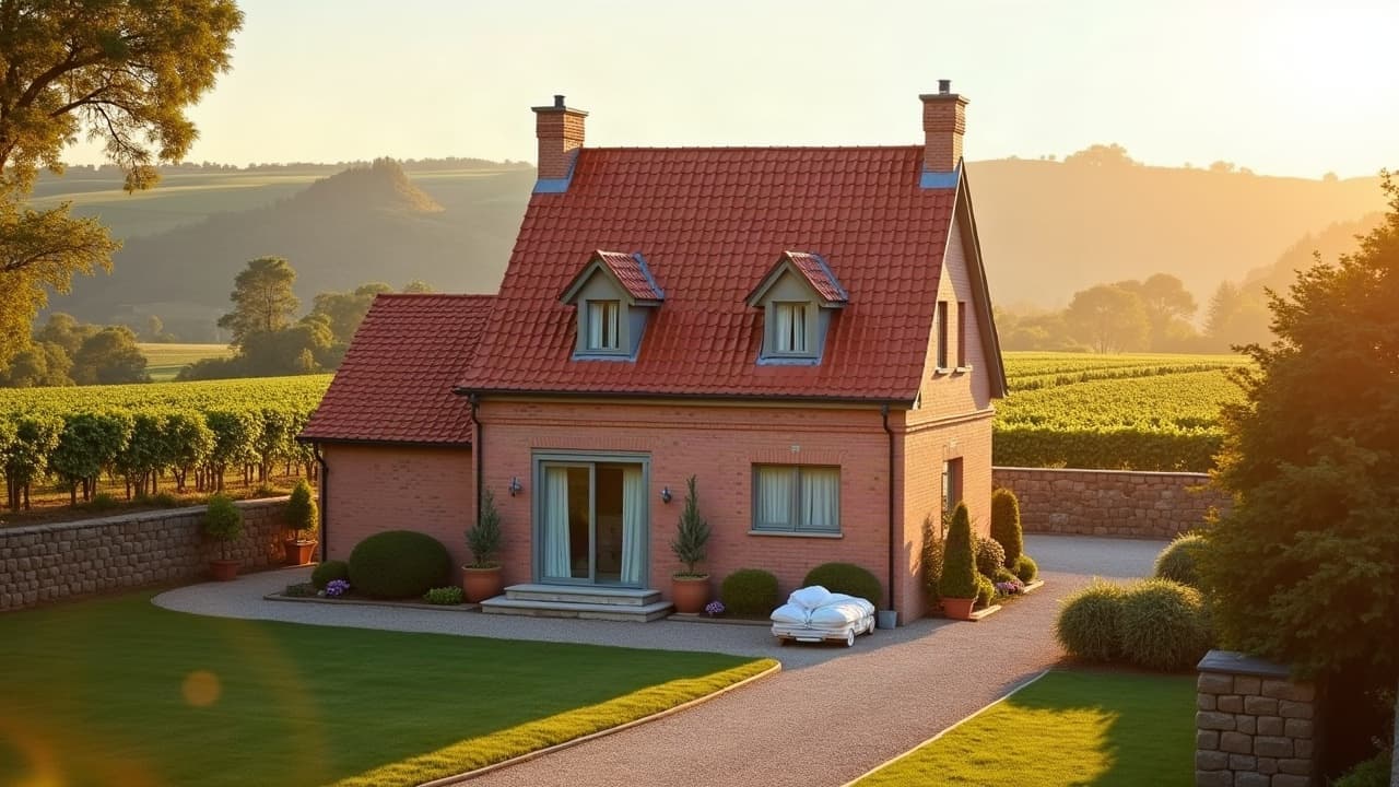 Maison de brique rosée avec toiture neuve en tuiles, coteaux flous en arrière-plan, lumière dorée de fin de journée, aucune personne visible
