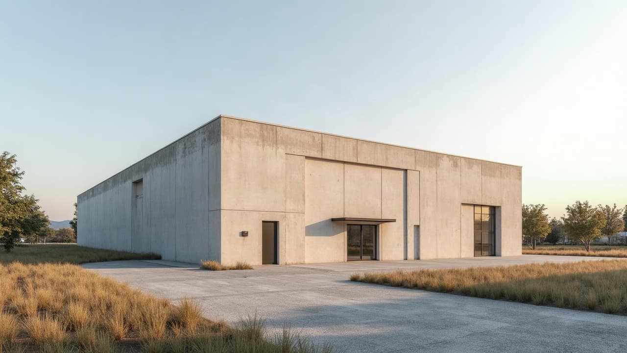 Cloison de bâtiment technique nue et propre après désamiantage, structure apparente, lumière naturelle, aucune personne visible