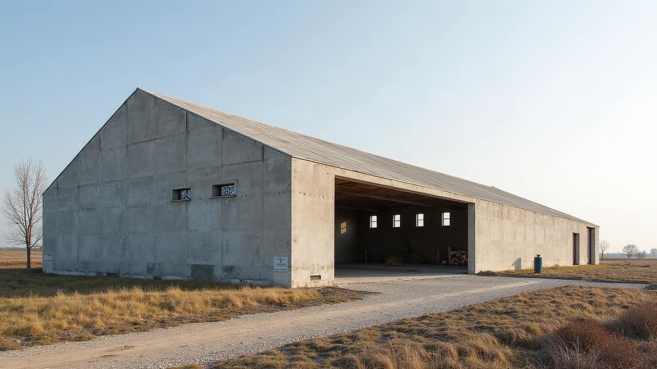 Bâtiment agricole en cours de démolition contrôlée, structure partiellement dégagée, ciel de plaine, aucune personne visible