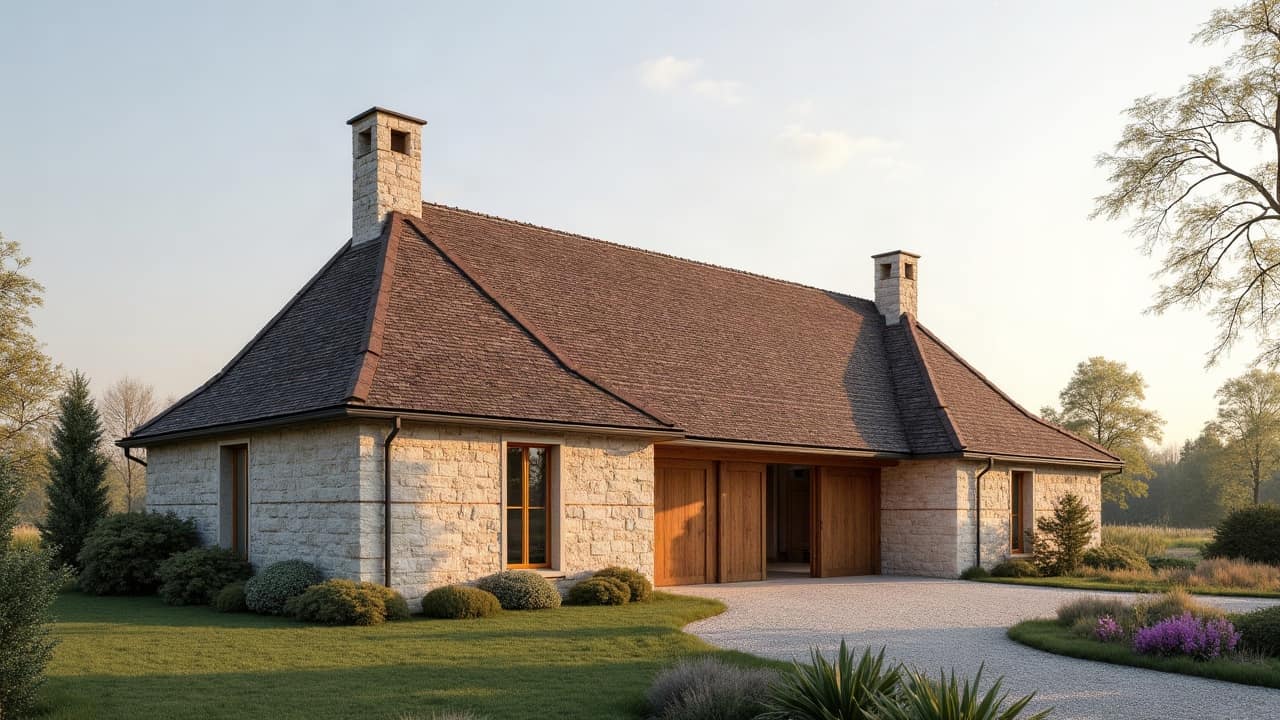 Longère champenoise traditionnelle basse et allongée, façade en pierre de craie blanche et brique rose ancienne, toiture à deux pans refaite en tuiles terre cuite orangées, style rural français ancien, jardin net, lumière dorée de fin de journée, aucune personne visible