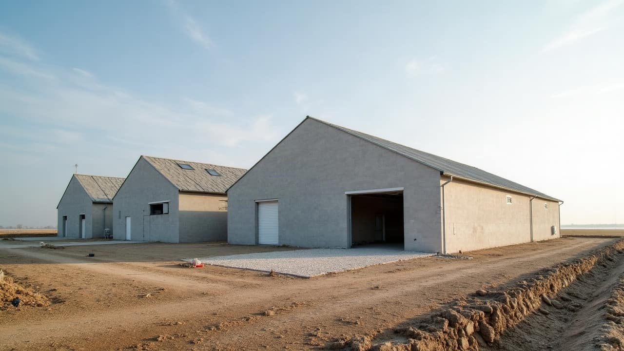 Hangar agricole entier avec toiture neuve en bac acier après évacuation des déchets, aucune personne visible