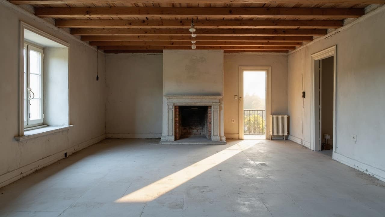 Salon vide d'une maison ancienne, sol préparé et propre, cheminée en brique, lumière de fin de journée entrant par la porte-fenêtre, aucune personne visible
