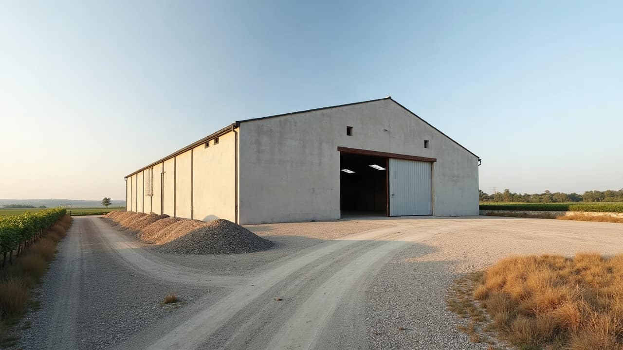 Hangar agricole entier avec toiture neuve en bac acier après évacuation des déchets, aucune personne visible