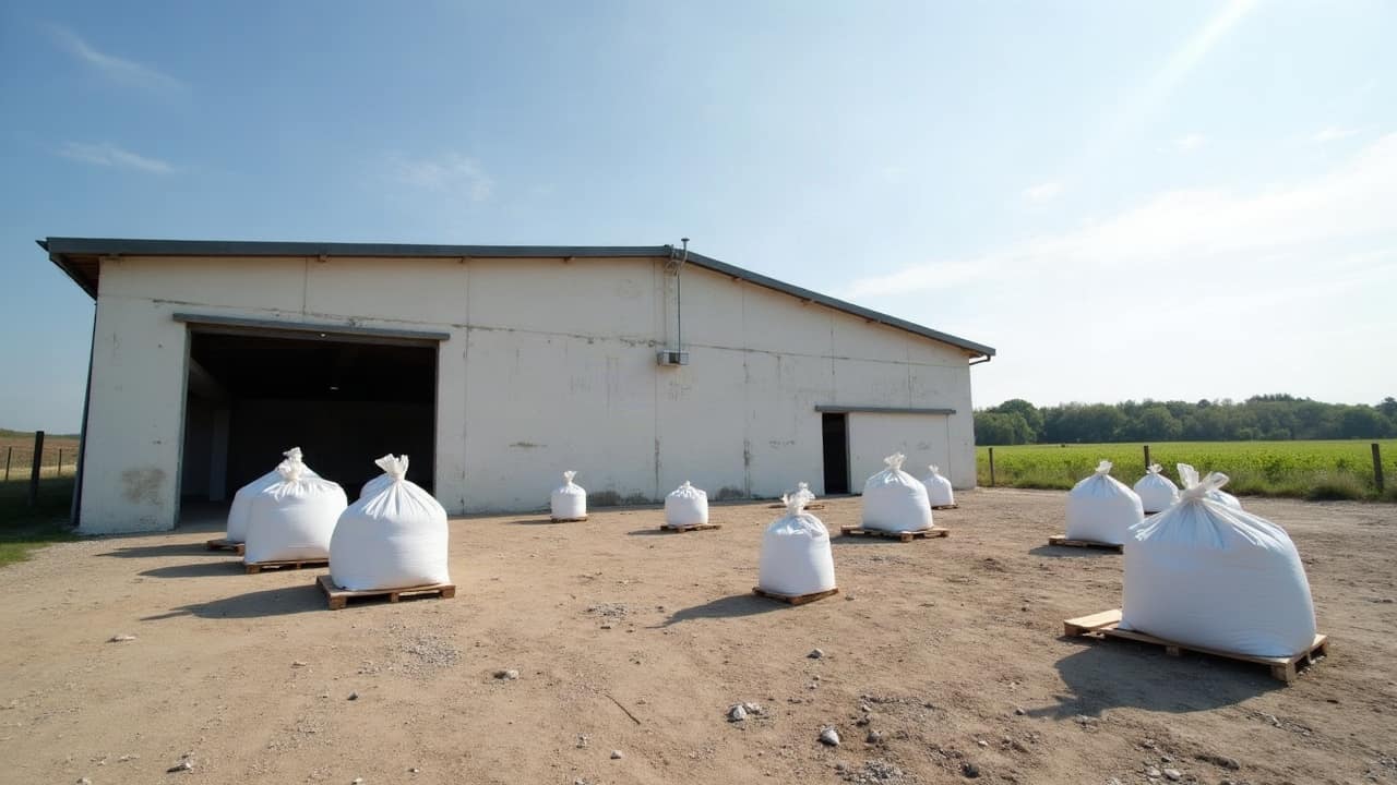 Big bags blancs filmés sur palette dans la cour d'un bâtiment agricole, prêts à l'enlèvement, hangar en arrière-plan, aucune personne visible
