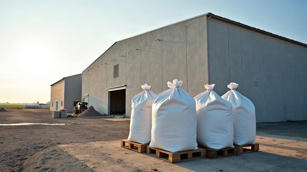 Big bags blancs filmés sur palette, prêts à l'enlèvement, devant un hangar agricole de la Marne, ciel de plaine dégagé