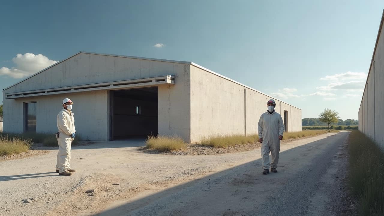 Opérateur en combinaison blanche et masque de protection vu de dos dans un bâtiment industriel, une seule main visible