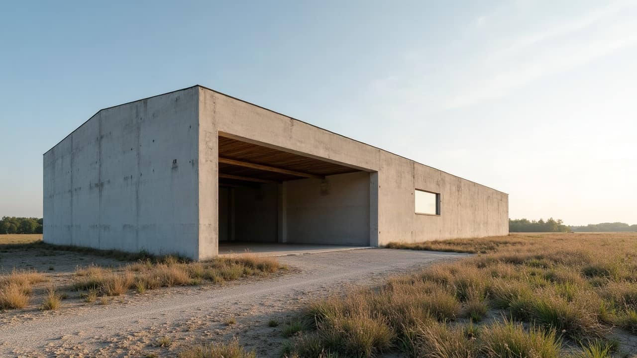 Hangar agricole entier avec toiture neuve en bac acier sous un ciel de plaine, aucune personne visible