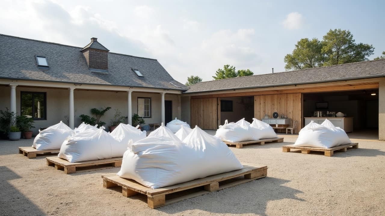 Big bags blancs filmés sur palette dans la cour d'un pavillon, aucune personne visible