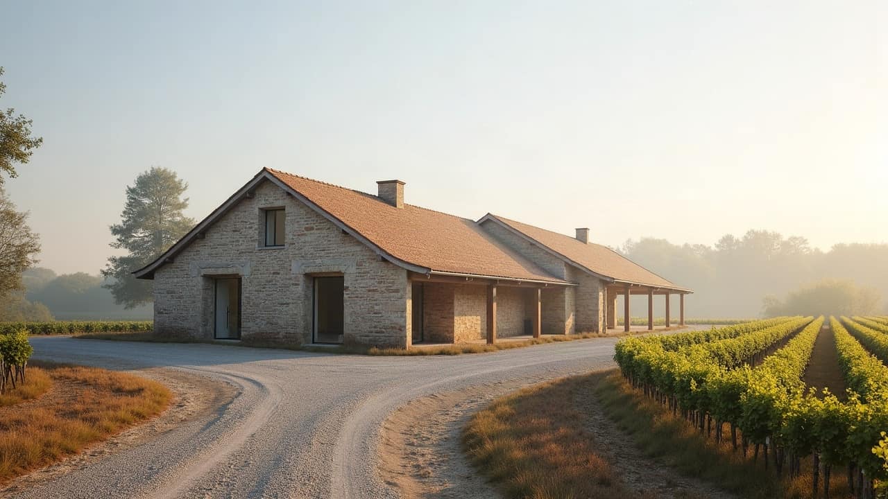 Bâtiment viticole traditionnel en pierre calcaire claire sur un coteau, toiture neuve en tuiles, cour en gravier propre et totalement déserte, rangs de vigne flous en arrière-plan, fin de journée, aucune personne, aucun être humain visible nulle part dans l'image