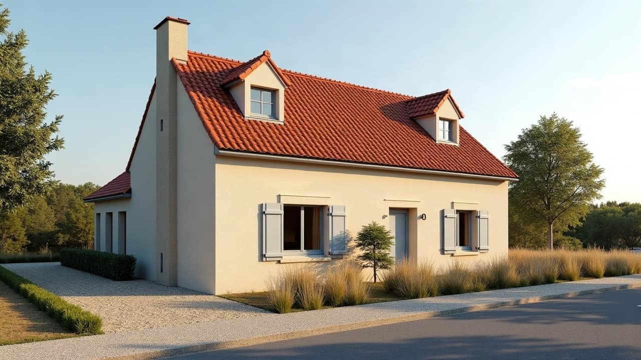 Petite maison individuelle française de plain-pied vue depuis la rue, façade enduite beige clair, toit à deux pentes entièrement couvert de tuiles neuves rouge-orangé bien alignées, fenêtres blanches à volets, pelouse tondue et haie taillée devant, ciel clair, aucune personne visible