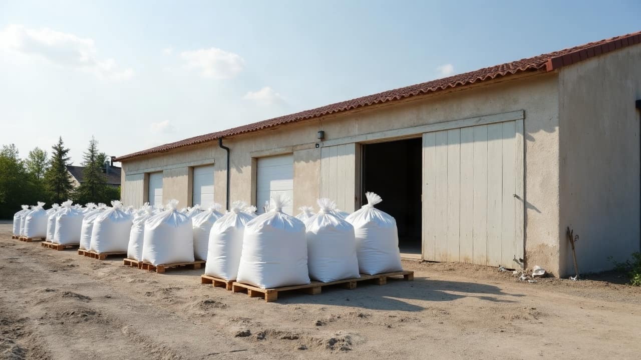 Big bags blancs filmés sur palette, prêts à l'enlèvement devant un bâtiment en pierre