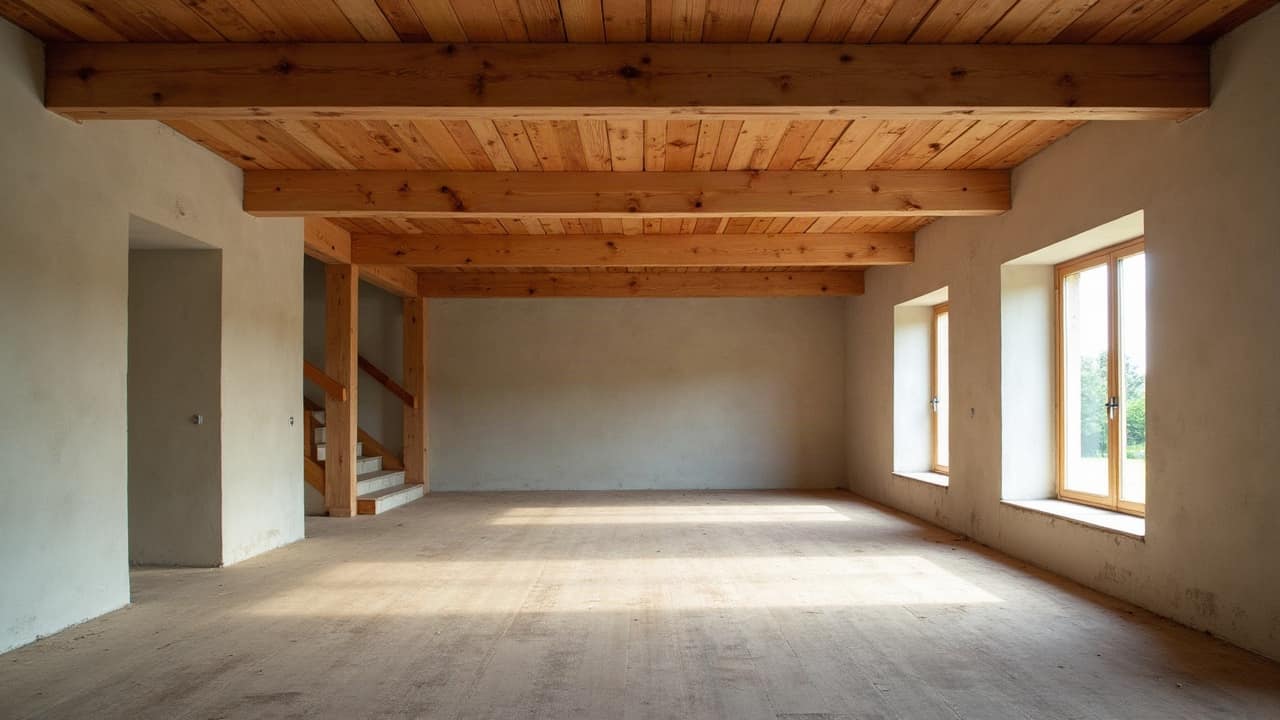 Combles d'une maison, charpente en bois propre vue de l'intérieur, lumière entrant par une lucarne, aucune personne visible