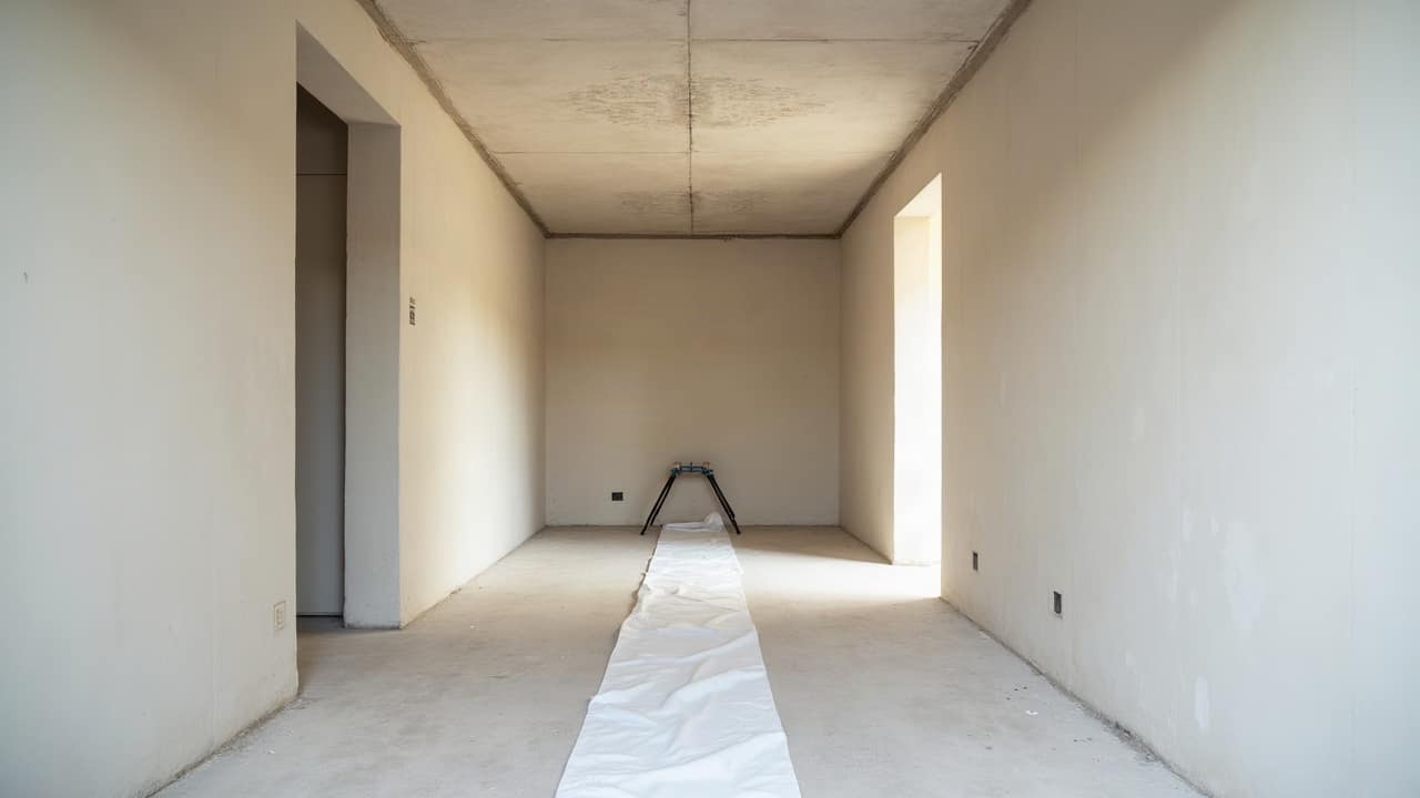 Couloir intérieur d'une maison, murs clairs et sol carrelé propre, une bâche de chantier en plastique polyane blanc opaque tendue en travers du couloir comme un rideau fermant le passage, bande de balisage adhésive rayée rouge et blanc collée au sol juste devant la bâche, plafond bas avec applique murale, aucune personne visible, scène uniquement en intérieur, aucun extérieur ni garage ni jardin visible