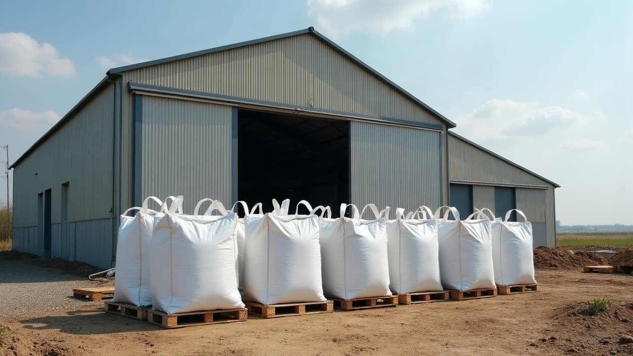 Big bags blancs filmés sur palette devant un hangar agricole, sas de confinement en polyane visible en arrière-plan, ciel de plaine