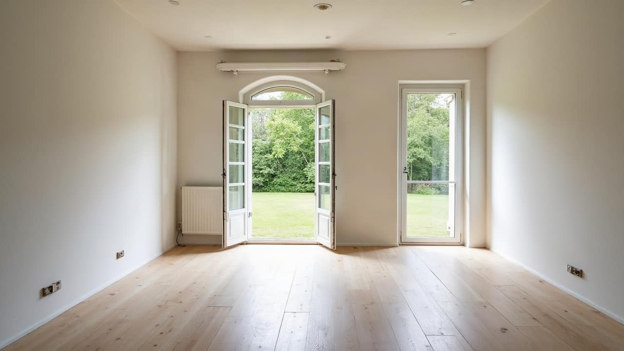 Salle de séjour totalement vide sans aucun meuble ni table ni chaise, sol en parquet clair, murs blancs, à l'intérieur d'un pavillon français traditionnel rénové, une porte-fenêtre ouverte donnant sur un jardin vert, lumière naturelle douce, aucune personne visible, scène strictement intérieure, aucune terrasse extérieure visible
