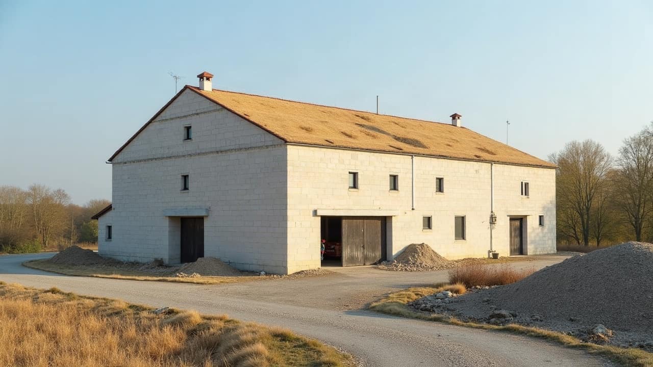 Bâtiment viticole en pierre sur un coteau de Champagne avec toiture neuve, ciel de plaine, abords nets, aucune personne visible